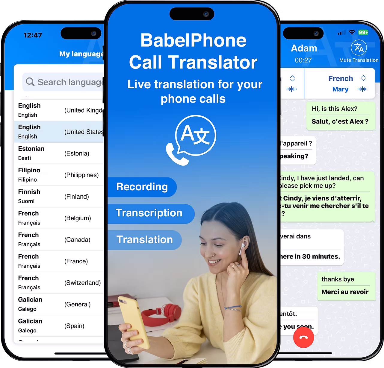 BabelPhone showing a translated call with live transcription